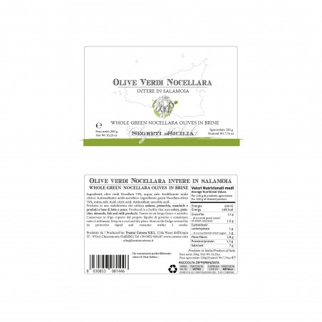 Olive verdi intere Nocellara Etnea, conservate in salamoia secondo tradizione